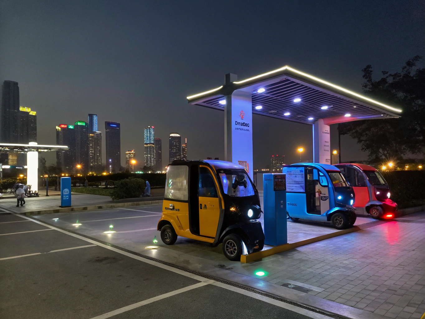 Depo tesisinde şarj olan elektrikli ticari filo